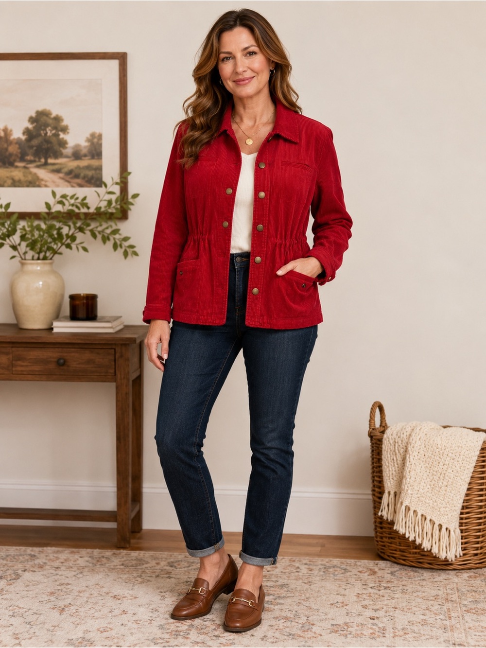 Christopher & Banks Red Corduroy Jacket Large Snap Front Cinch Waist Fall